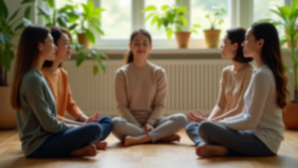 Group of diverse participants sitting in meditation circle during mindfulness workshop session
