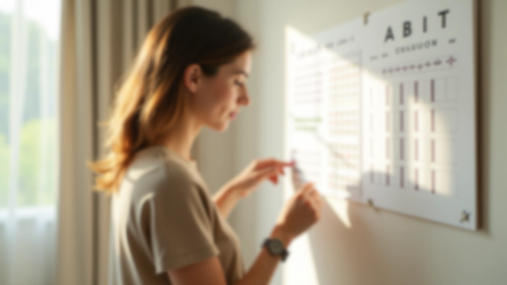 Person implementing daily habits and routines, showing consistency through habit tracking, morning rituals, and progress documentation