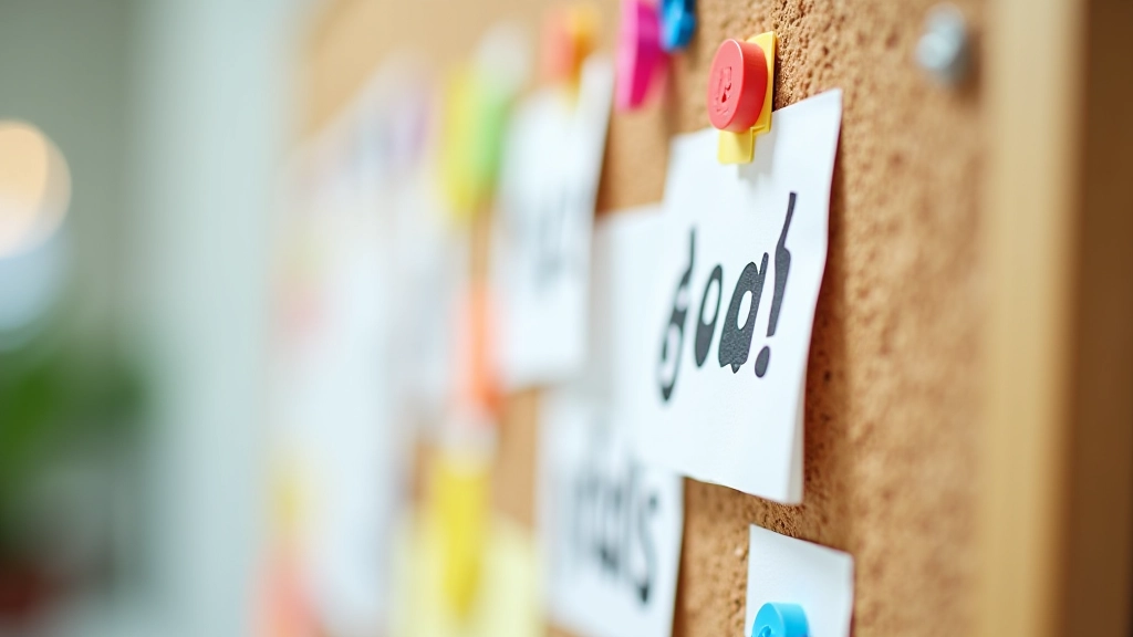 Colorful vision board with goal images, inspirational quotes, and milestone markers representing a person's transformation aspirations